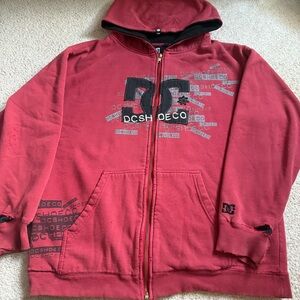 Y2K DC Shoes red zip hoodie Large distressed thrashed skater full zip up hoodie